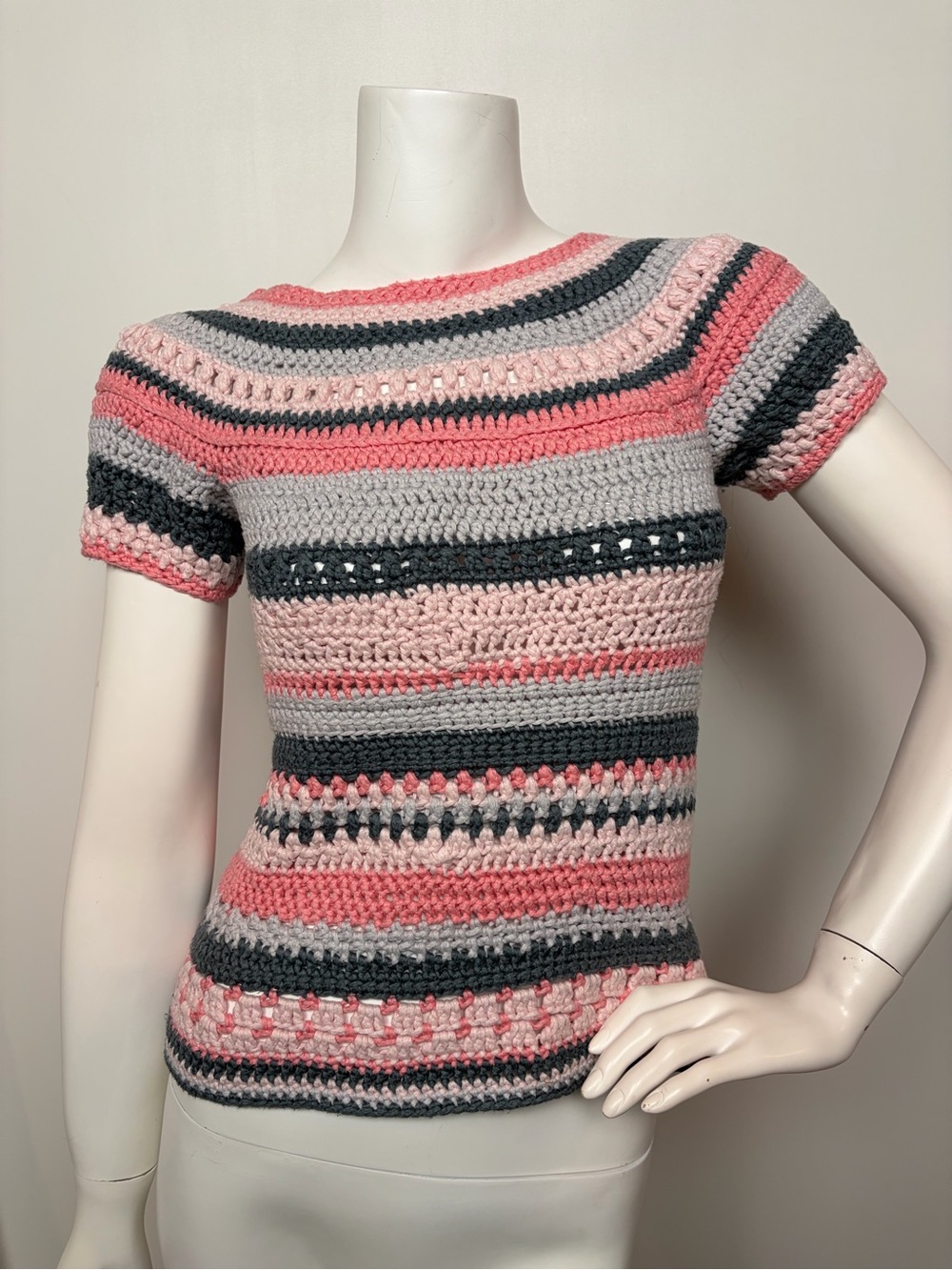 HAND CRAFTED T Shirt Crochet Sweater Multicolor Stripe Pink Size Small